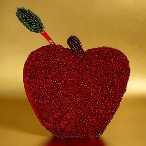 Vintage Apple Coin Purse Red Glass Seed Beads Kitsch Fruit Novelty Zipper Pouch